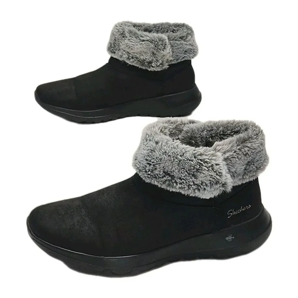 Skechers Boots Women Sz 9 On The Go Joy Black Winter Bootie Faux Fur Line 56101S